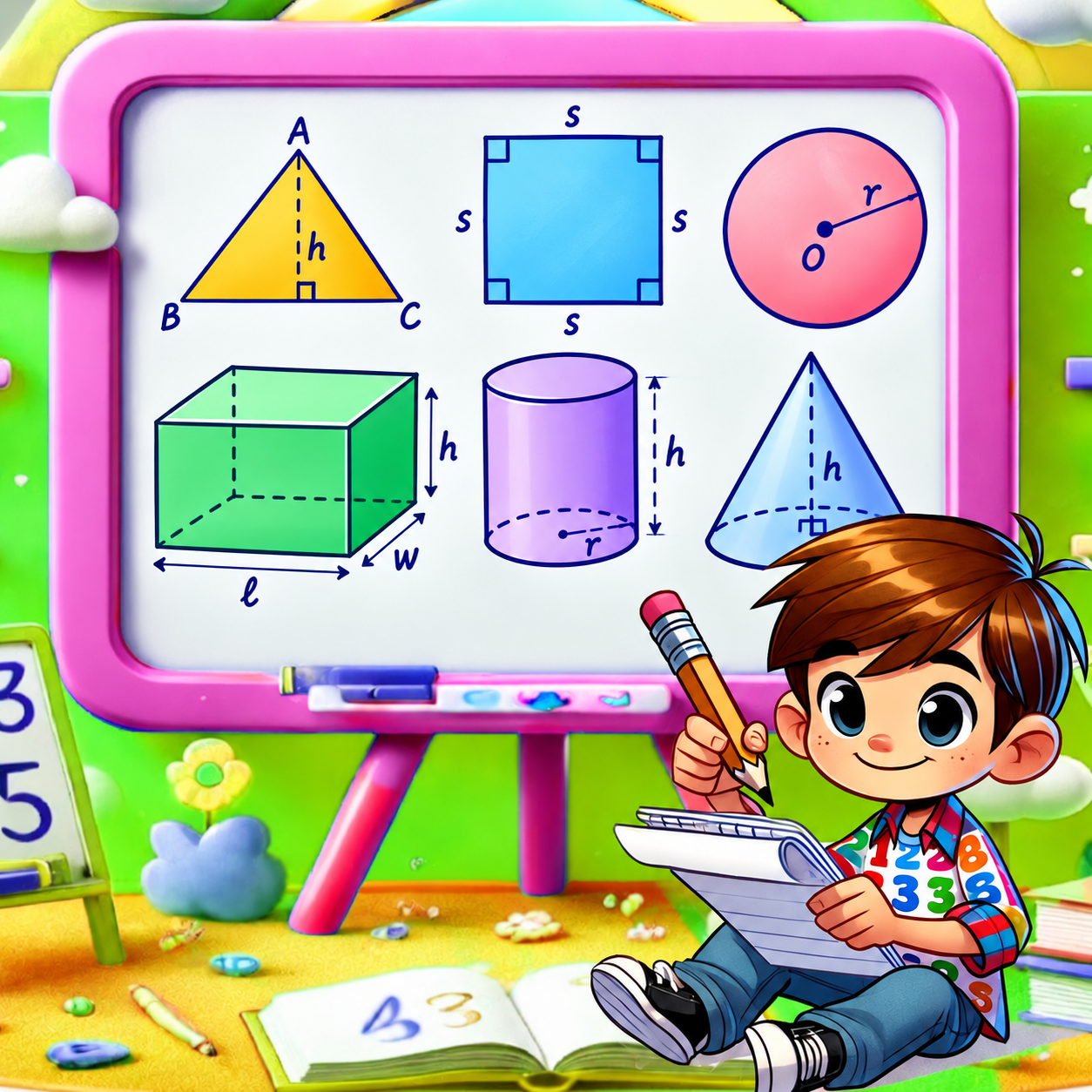 A student practising geometry beside a board of shapes