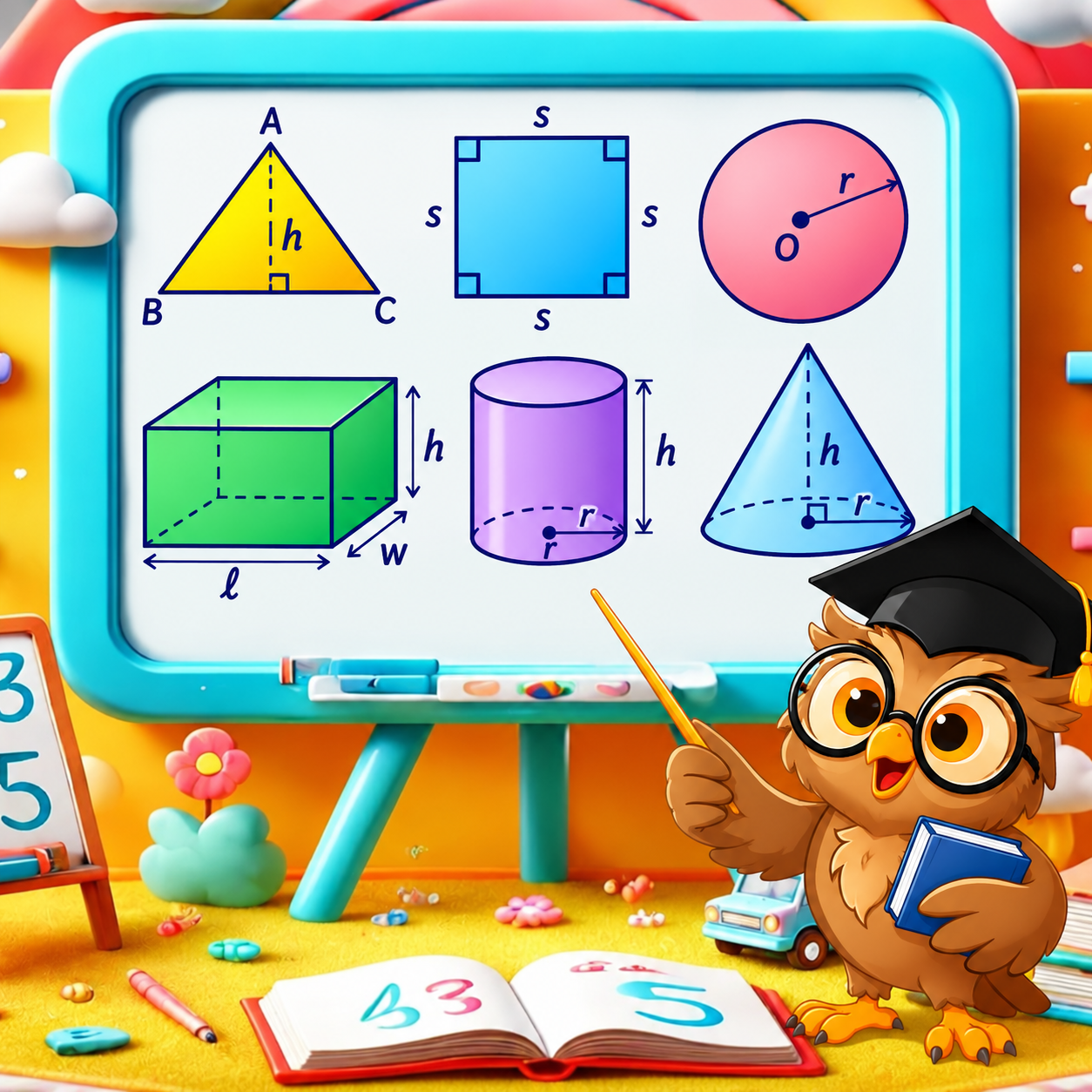 An owl teaching geometry beside a board of shapes